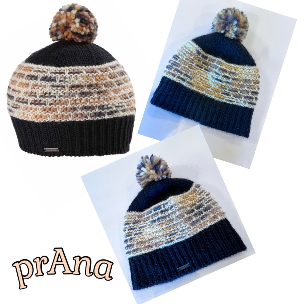 Prana Francesca Beanie Pom Pom Wool outer Soft Cozy Polar Fleece inside
